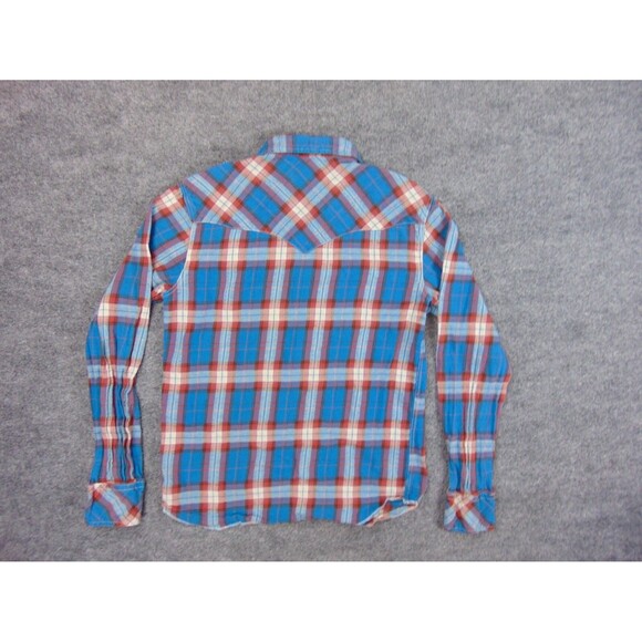 Jachs Flannel Shirt Mens Med Blue Red Plaid Western Pearl Snaps - Picture 3 of 7